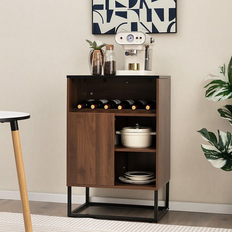 Wine Storage Cabinet Buffet Sideboard with Adjustable Shelf and Sliding Door-Brown