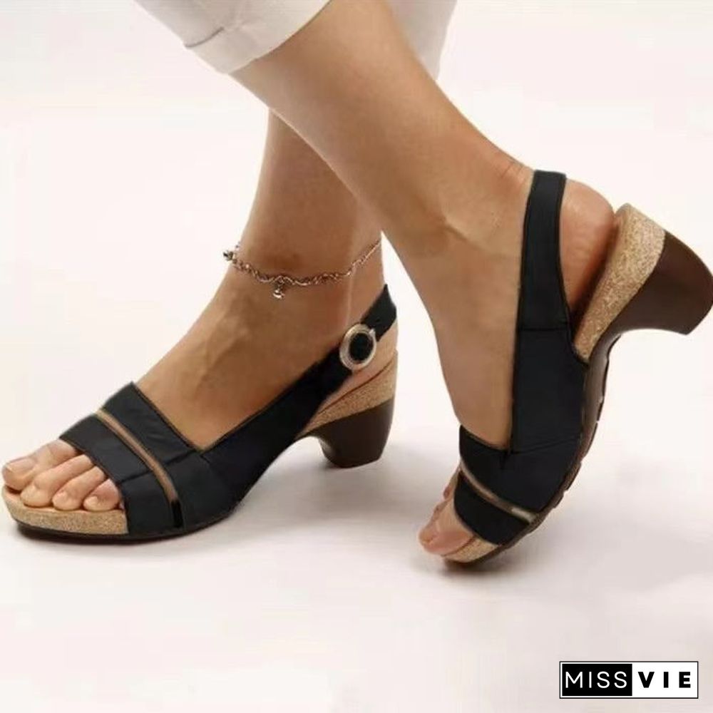 Solid Color Vintage Casual Chunky Heel Sandals