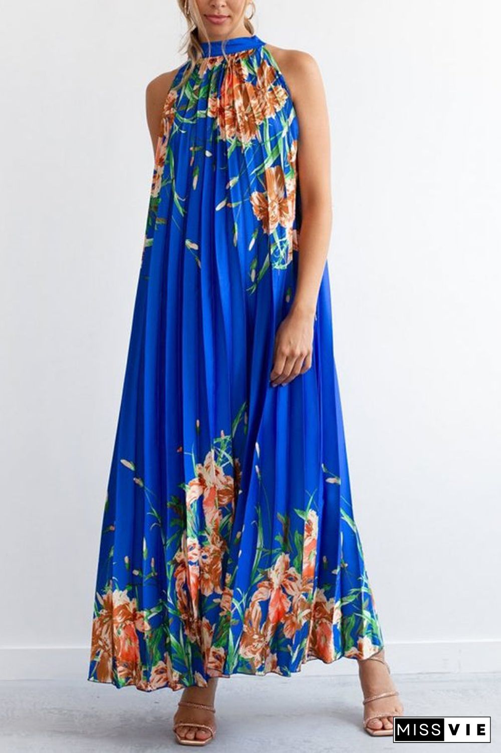 Life In Floral Pleated Halter Neck Maxi Dress