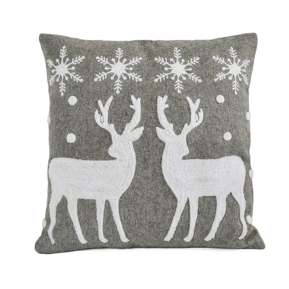 HGTV Home Collection Grey Deer with Snowflake Pillow  Grey  18 in