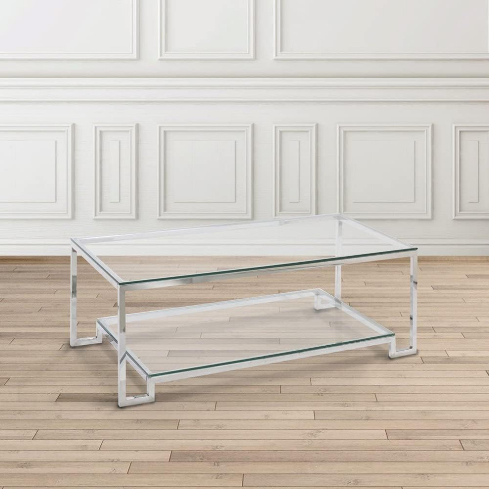 Modern Coffee Table  Stainless Steel Frame With Glass Top  ampLow Shelf   Contemporary   Coffee Tables   by Decor Love  Houzz