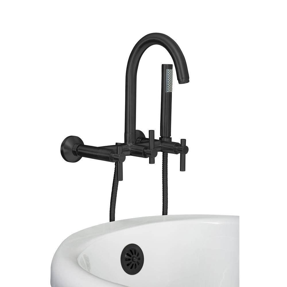 PELHAM  WHITE Modern 3-Handle Wall Mount Tub Faucet with Handshower and Hose Metal Levers in Matte Black PW82565-L-MB