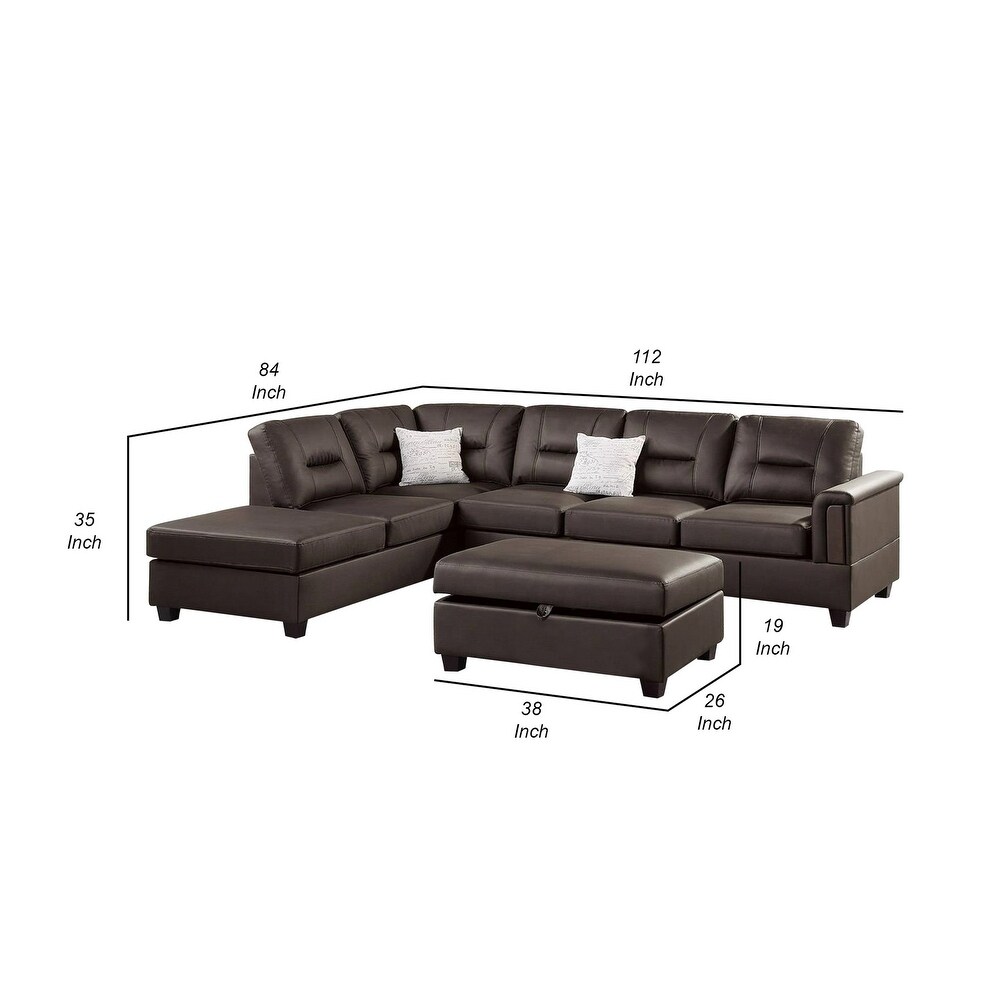 Dex 3 Piece L Sectional Sofa  Ottoman  2 Throw Pillows  Brown Faux Leather