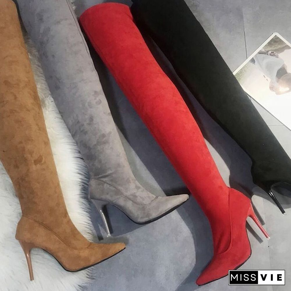 Women Winter Warm Long Boots Faux Suede Slim Thigh High Heels Fashion Over The Knee Boots