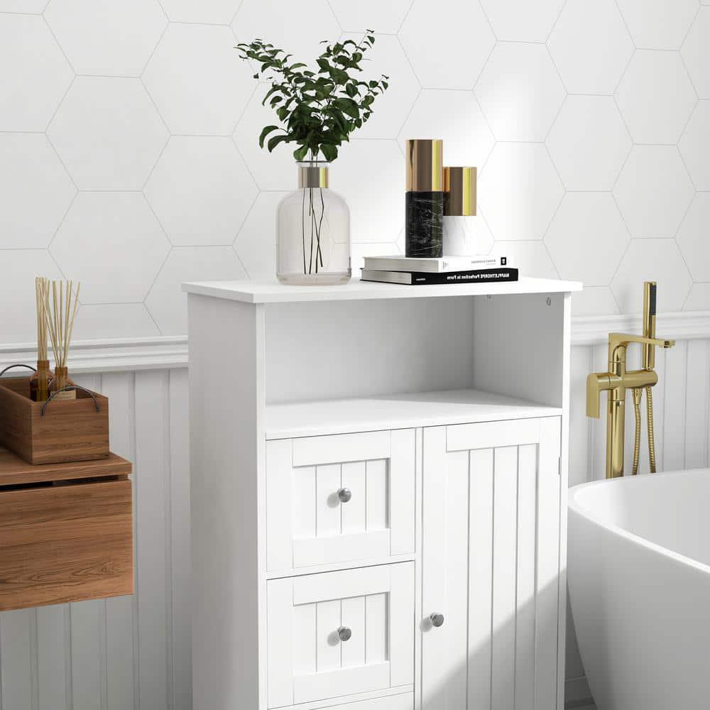 2362 in W x 118 in D x 3957 in H White Bathroom Wall Cabinet with 3 Drawers and 1 Door