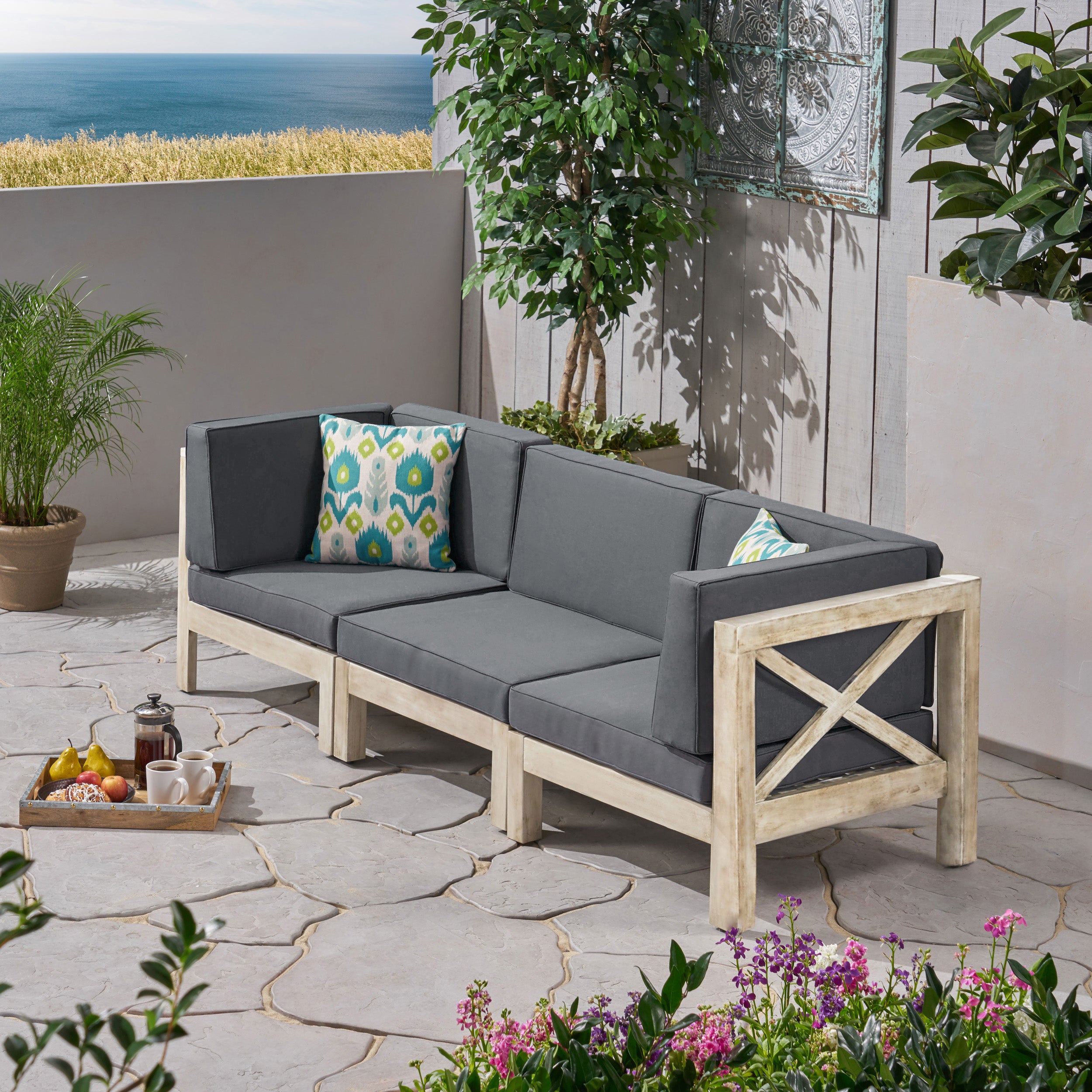 Brava Outdoor Modular Acacia Wood Sofa with Cushions