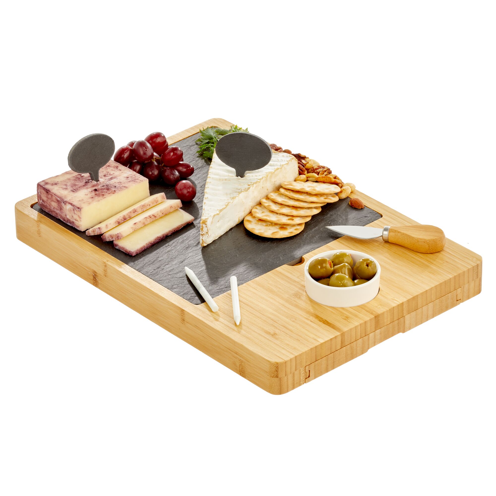 mDesign Serving Charcuterie Boards/Accessories - Wood and Slate Appetizer Holder Board with Cheese Knife Set， Ceramic Bowl， Chalk Pencils， and Label Flags - Natural Wood