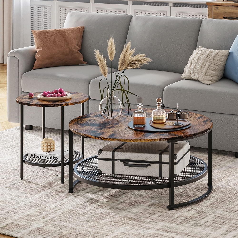 Round Coffee Table and End Table Set for Living Room  Industrial Coffee Table with Open Storage