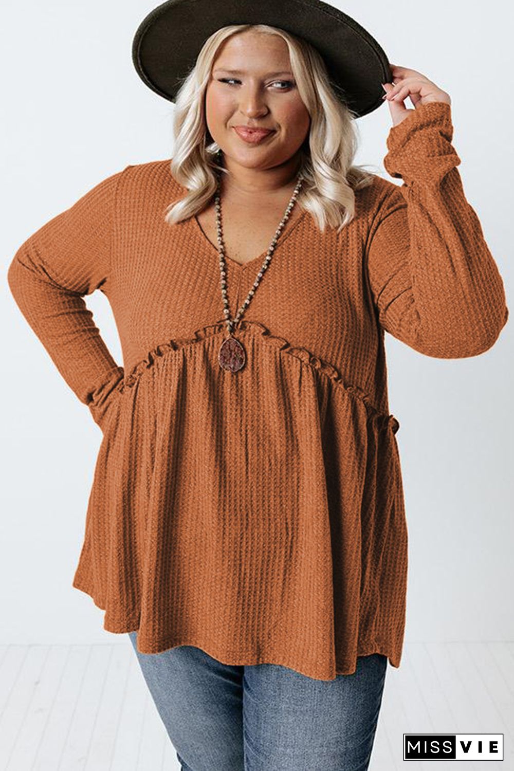 Plus Size Ruffled Waffle Knit Top