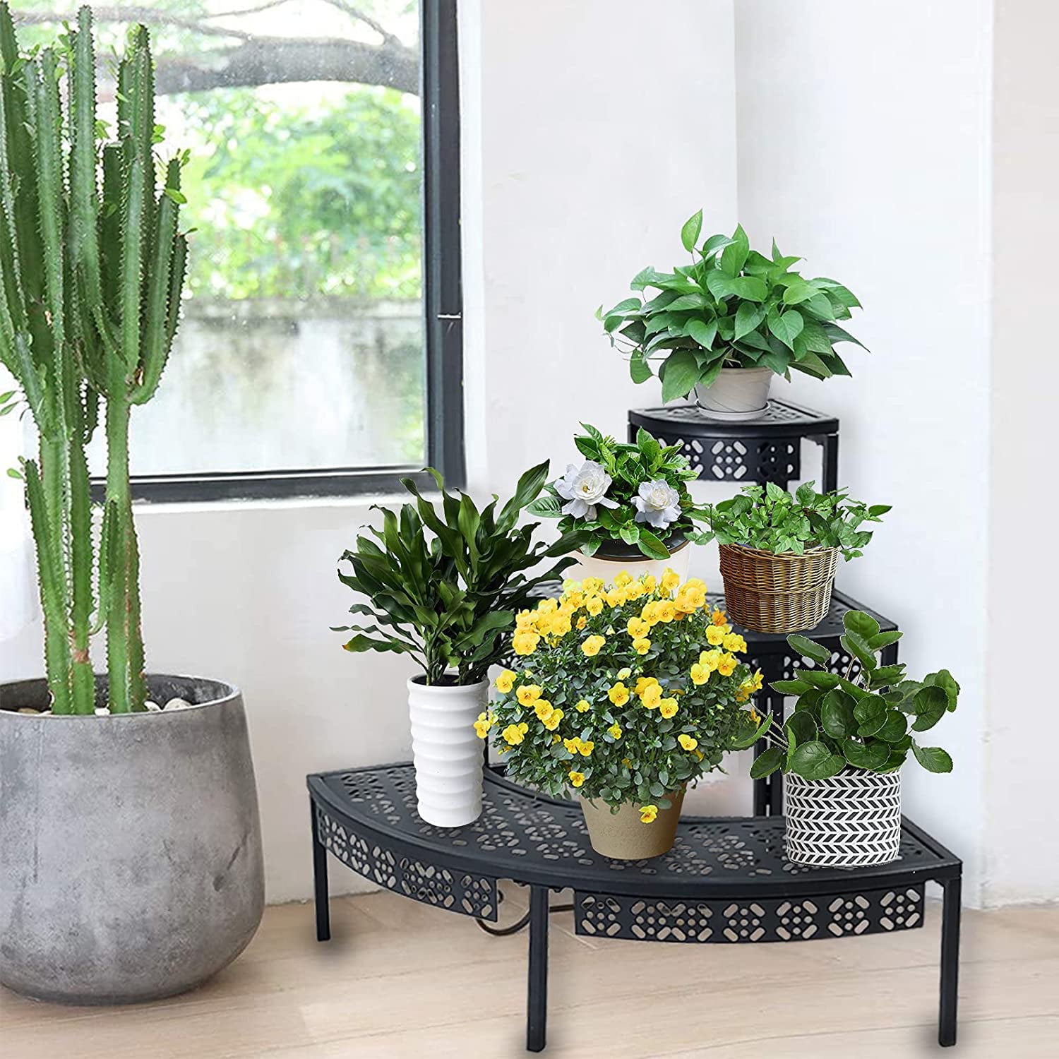 3 Tier Plant Stand Semi-Circular Flower Pot Organizer Rack Quarter Round Plant Display Holder Outdoor Storage Shelves Metal Corner Shelf Planter Shelving Ladder Plant Stand for Indoor Use