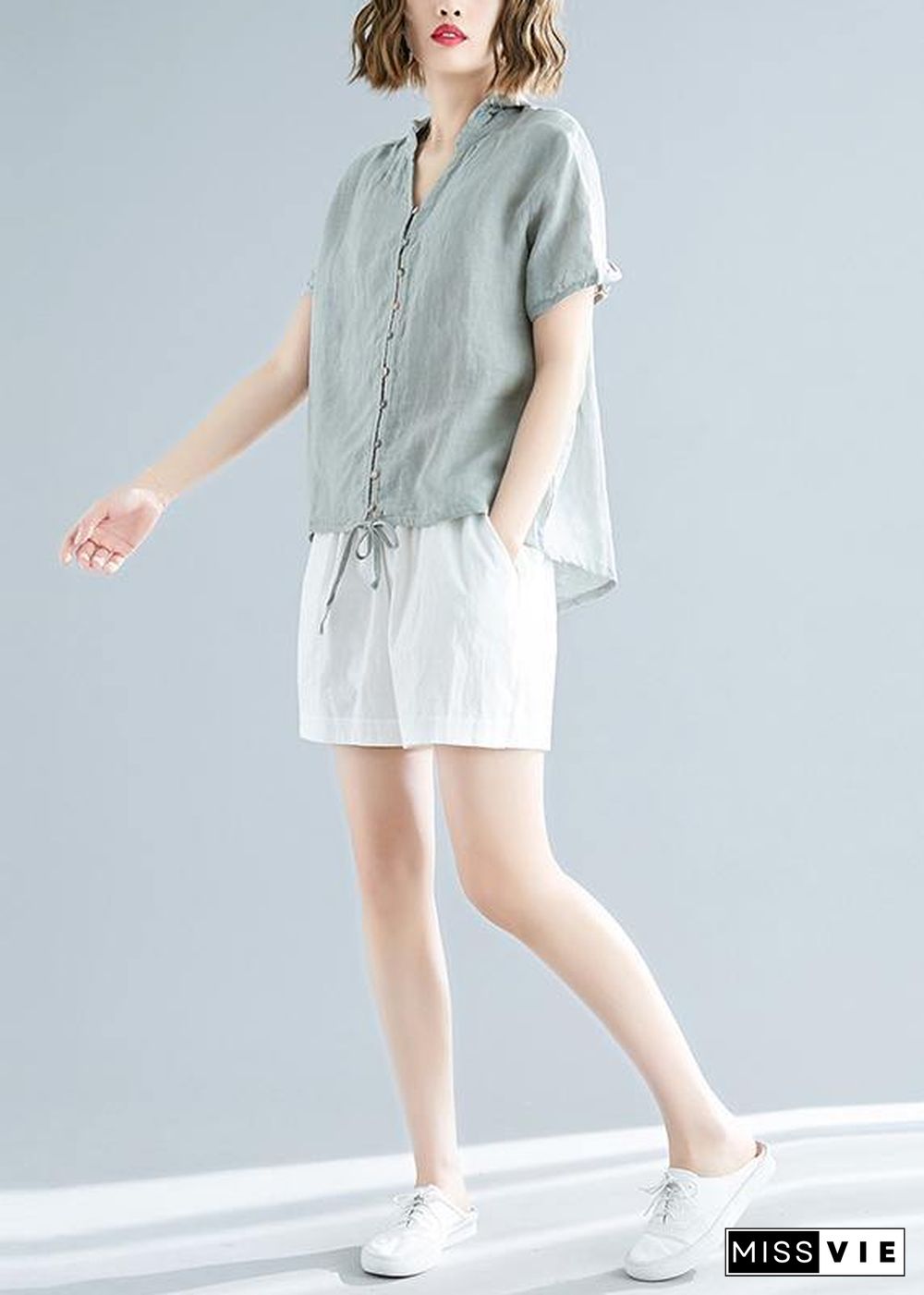 Modern hooded linen shirts women Fitted Sewing light green Dresses top Summer