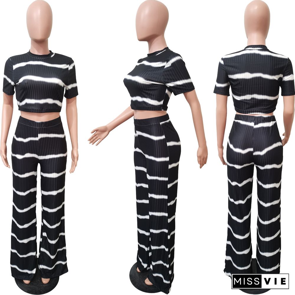 Striped Short Sleeve Crop Tops Wide Leg Pants Suit