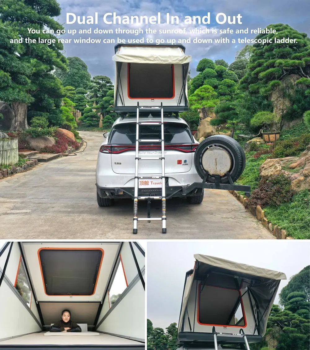 China Factory DIY Folding 3 4 Person Triangle Camping Rooftop Tent Aluminum Top Roof Tent with Clamshell Hard Shell Rooftop tent