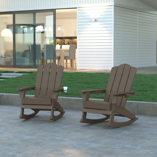 Emma And Oliver Set Of 2 Adirondack Rocking Chairs With Cup Holders Weather Resistant Hdpe Adirondack Rocking Chairs In Brown