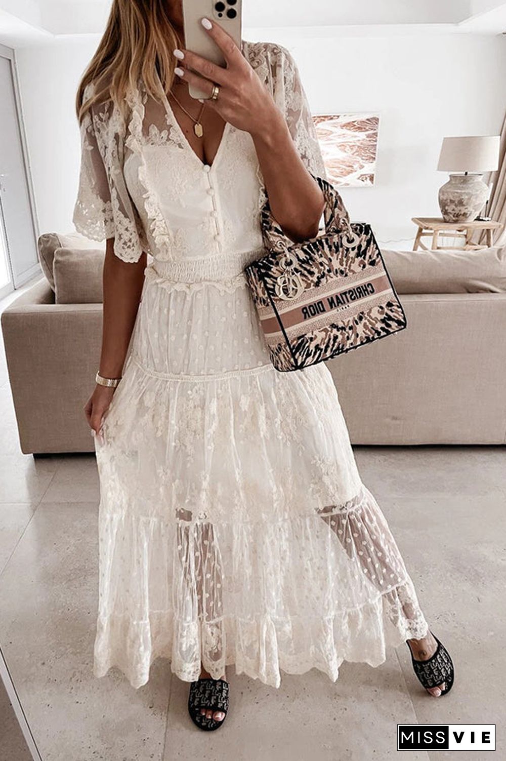 Button Lace V Neck Short Sleeve Maxi Dress