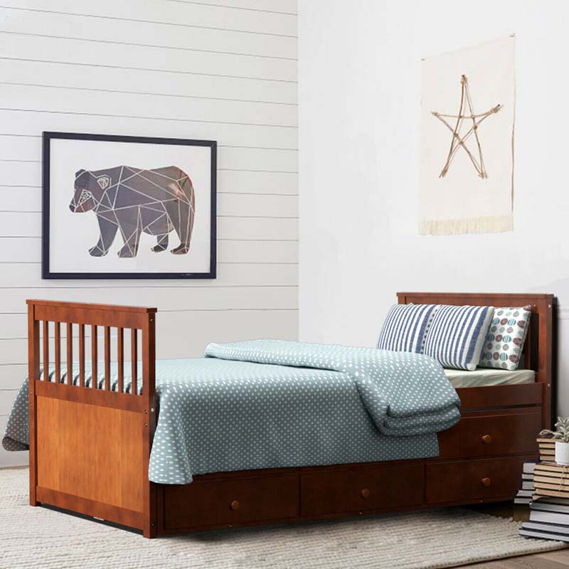 Twin Captain's Bed with Trundle Bed, Storage Daybed with 3 Drawers, Wooden Platform Bed for Kids Guests Sleepovers