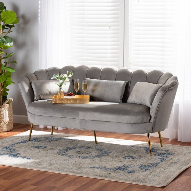 Genia Velvet Fabric Upholstered And Metal Sofa Gray gold Baxton Studio