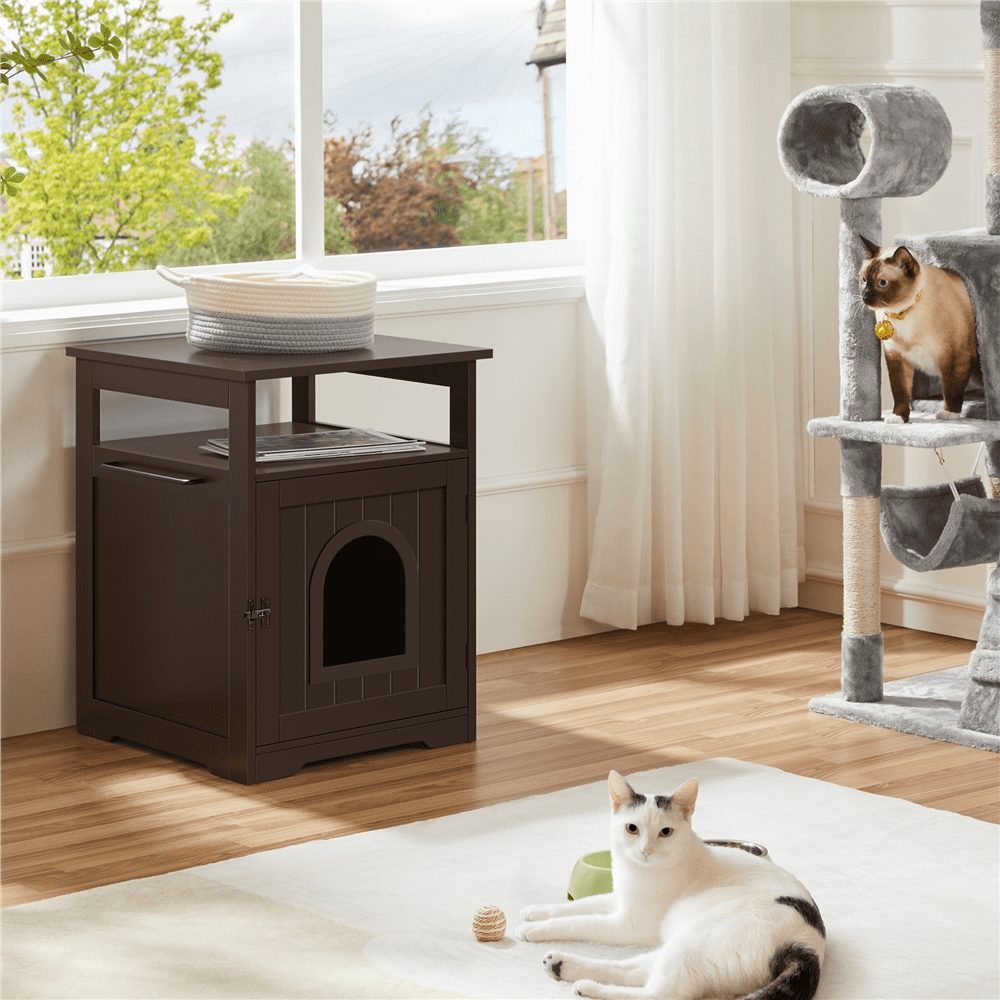 Topeakmart Indoor Wooden Cat Litter Box Enclosure with Open Shelf， Espresso