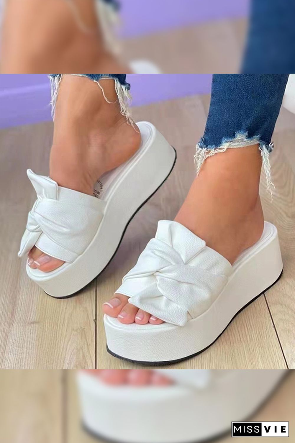 Plain PU Bow Platform Slippers