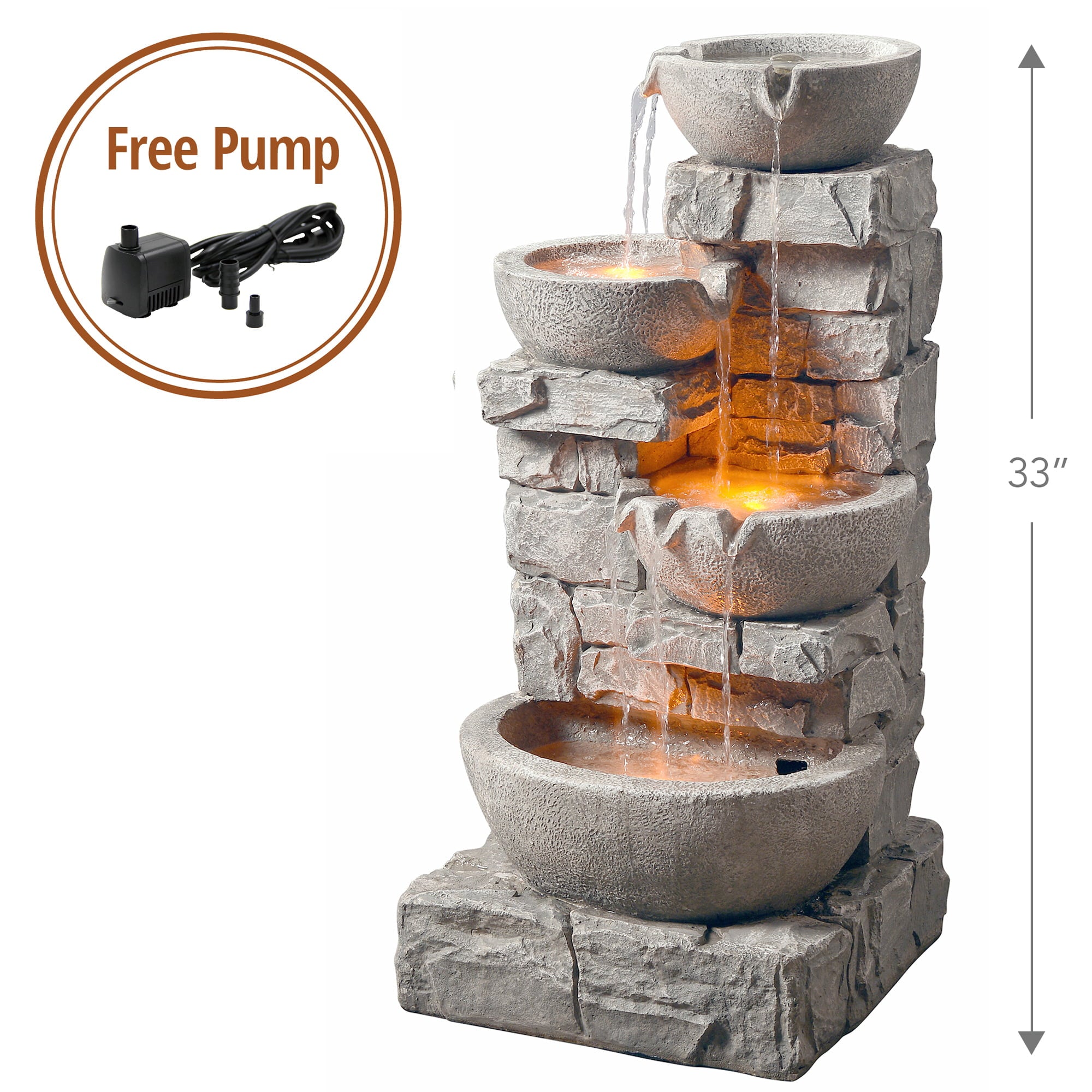 Teamson Home Stacked Stone Tiered Bowl Fountain with LED Light， Gray