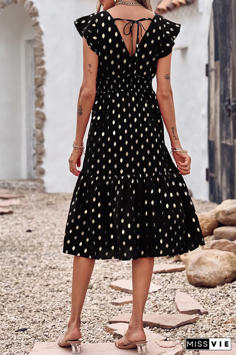 V Neck Foil Spot Print High Waist Midi Dress