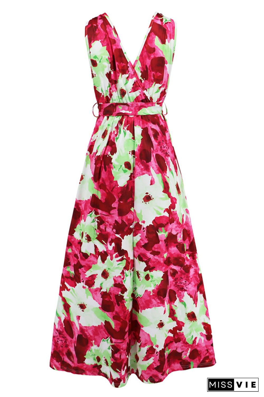 Wrap V Neck High Split Sleeveless Floral Maxi Dress