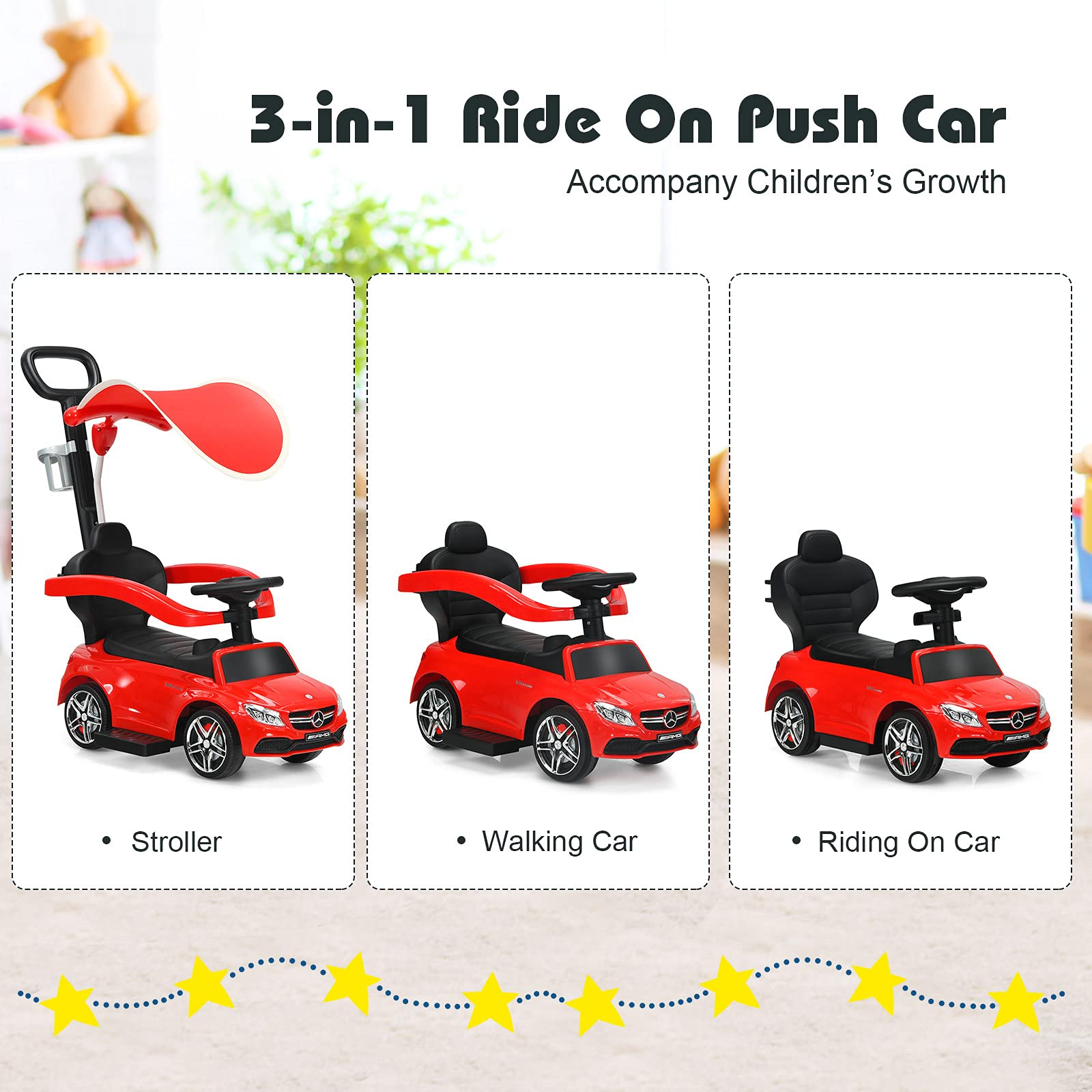 Costzon Push Car for Toddlers, 3 in 1 Mercedes Benz Stroller Sliding Walking Car w/ Canopy, Red