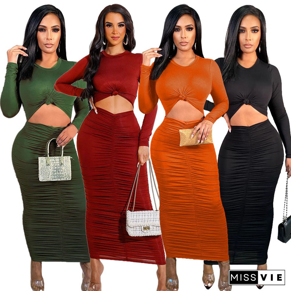 Long Sleeve Round Neck Pleated Bodycon Dress