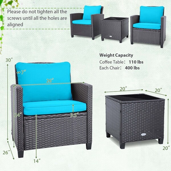 Costway 3PCS Patio Wicker Furniture Set with Beige and Navy Cushion