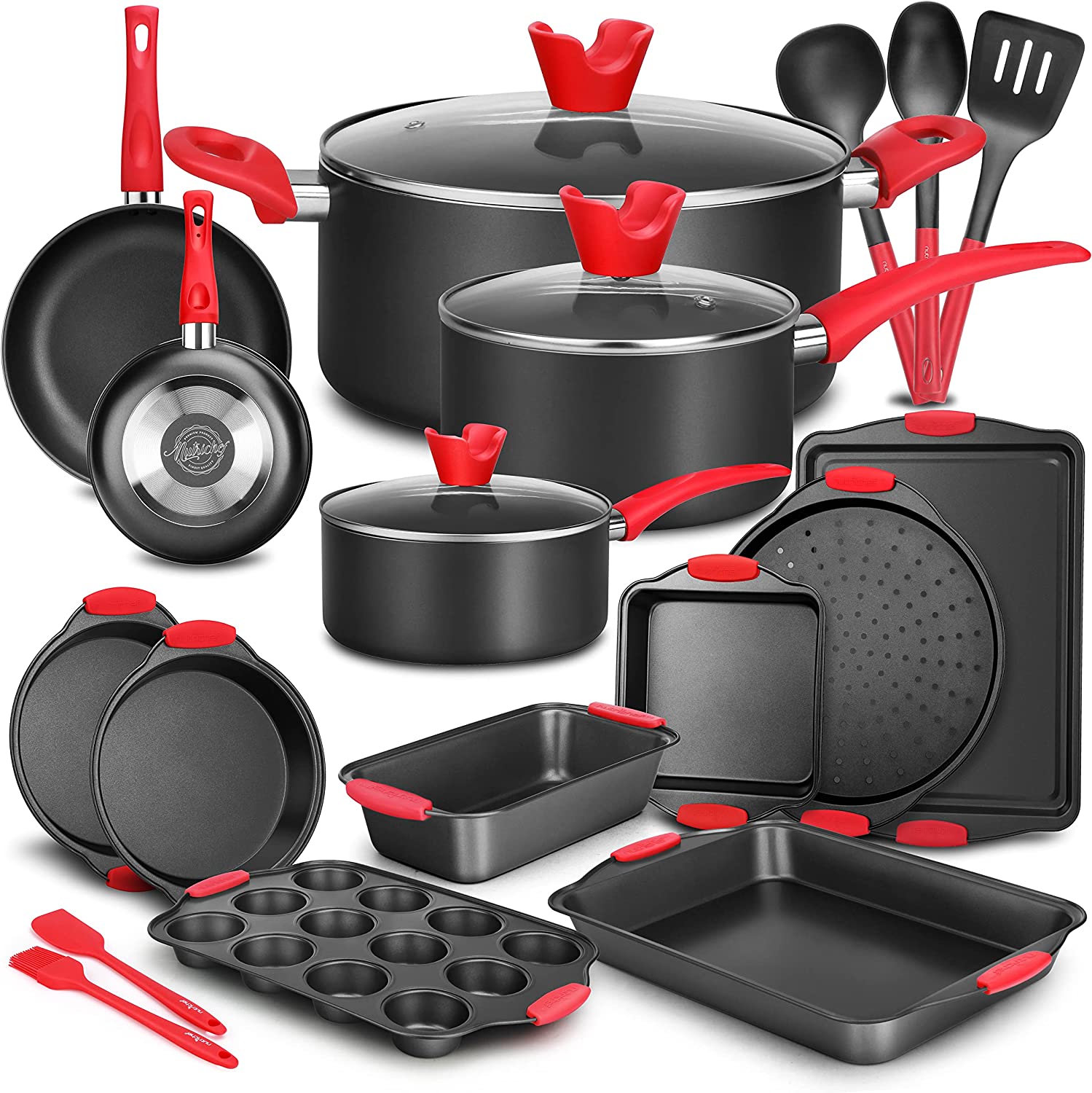 NutriChef w/Heat Red Silicone Handles， Oven Safe， 21 Piece Set， Black