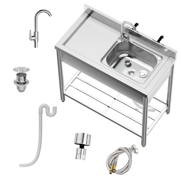 Free Standing Kitchen Sink 39''x20''x37'' Stainless Steel，With 360°Rotating Faucet