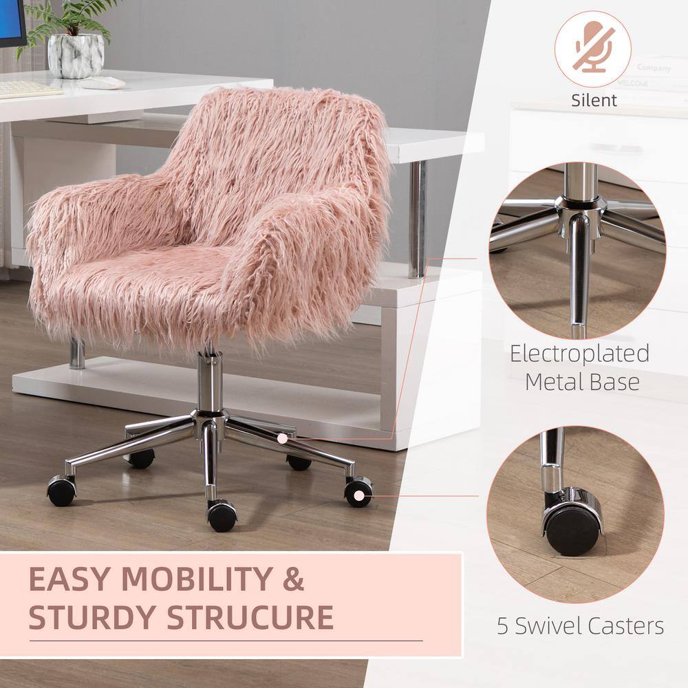 Vinsetto Pink Faux Fur Desk Chair Swivel Vanity Chair with Adjustable Height and Wheels 921-548PK