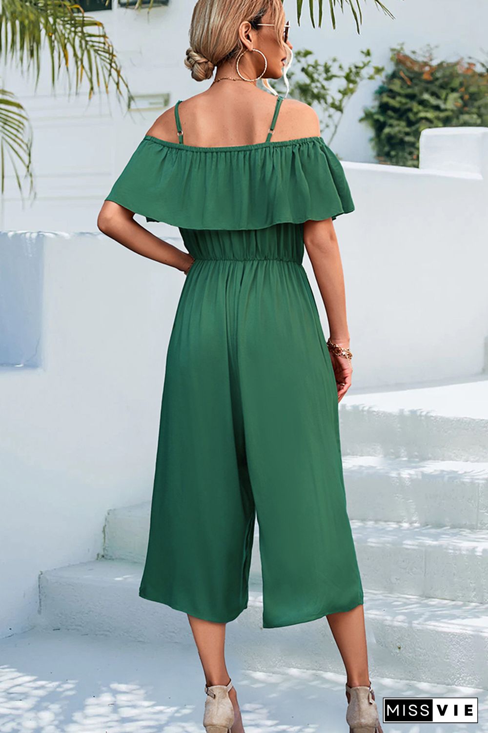 Plain Off Shoulder High Waist Wide Leg Jumpsuit