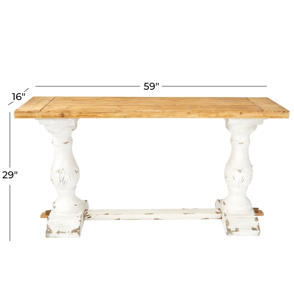 White Wood Distressed Console Table with Brown Wood Top   59 x 16 x 29