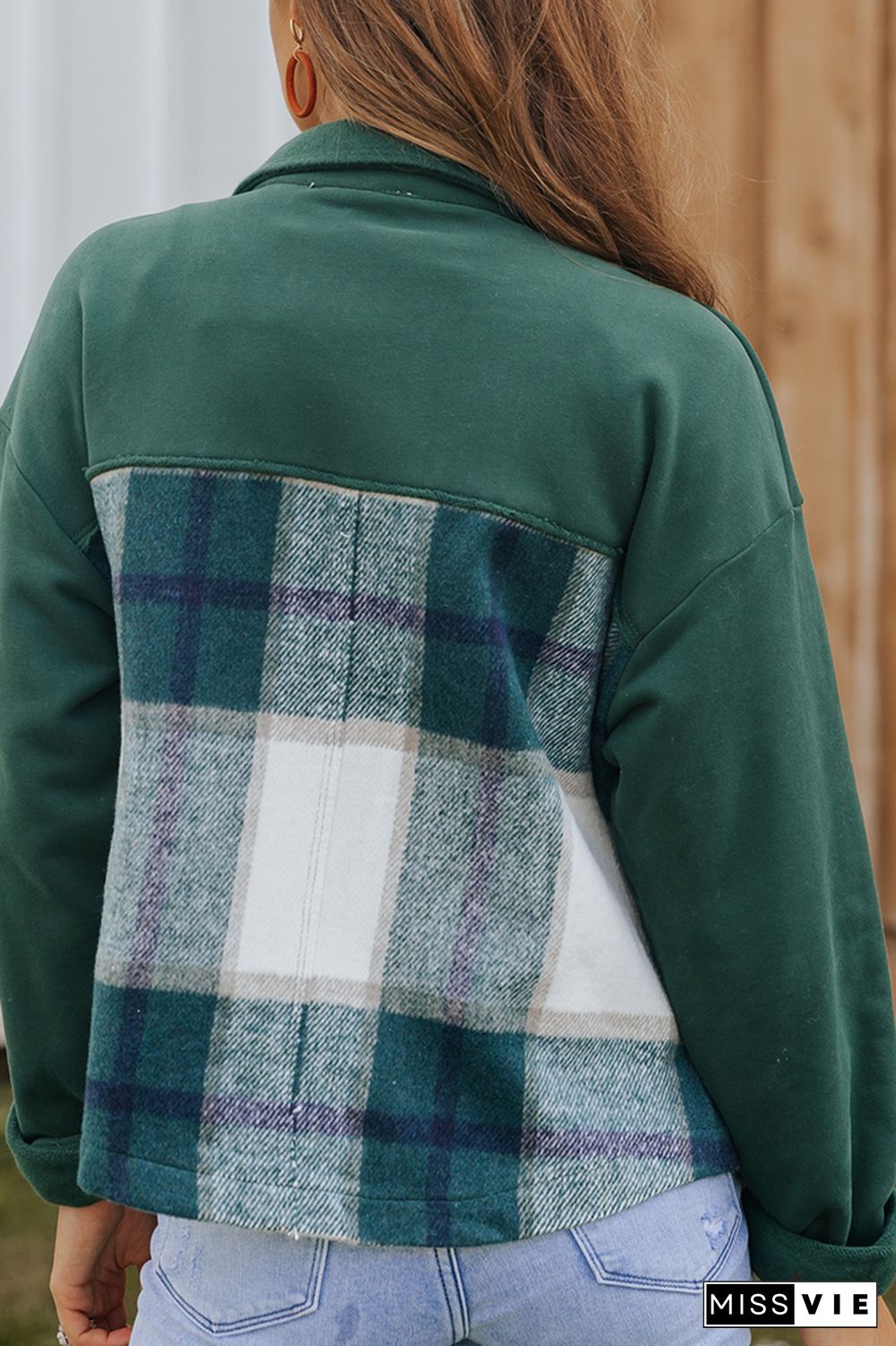 Green Snap Button Splicing Plaid Jackets