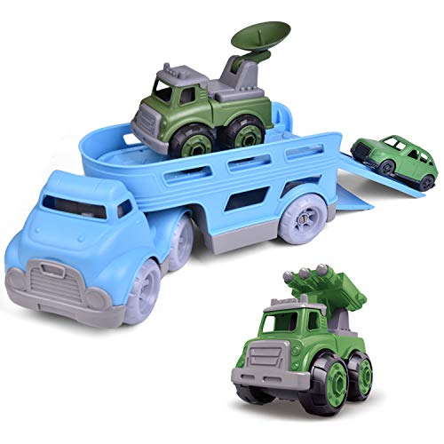 Fun Little Toys Friction Powered Car Carrier Truck Toy for Kids with 4 Military Pull Back Vehicles Set， Sandbox Toys Outside Toys Birthday Gifts for 2 Year Old Boy