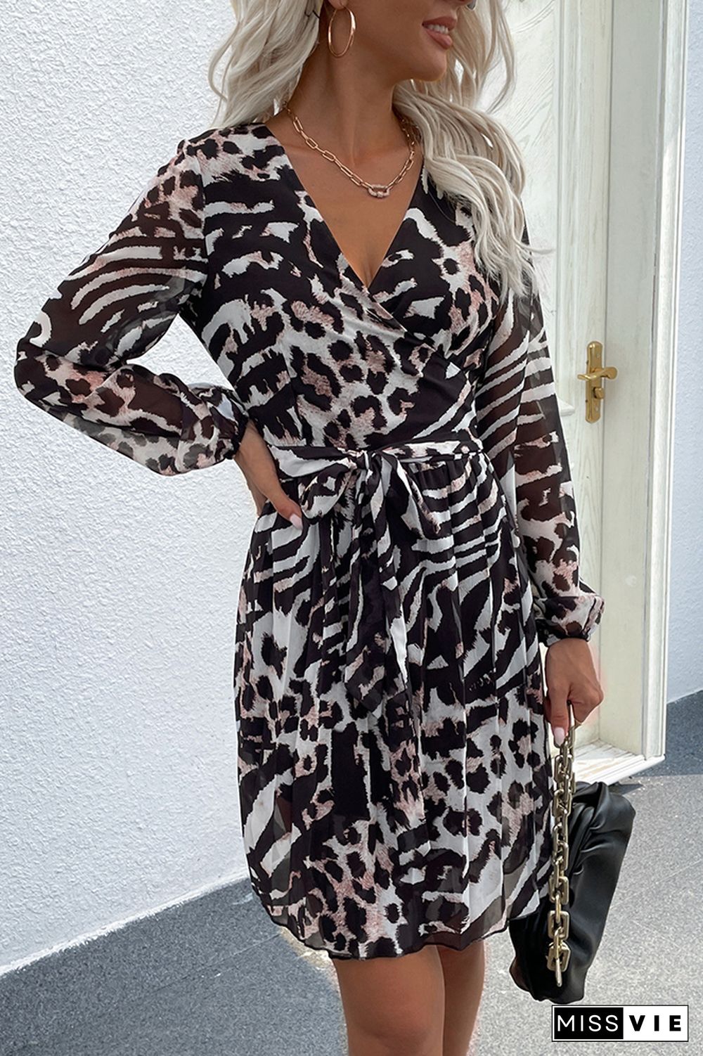 Leopard Print V-neck Long Sleeve Dress Wholesale