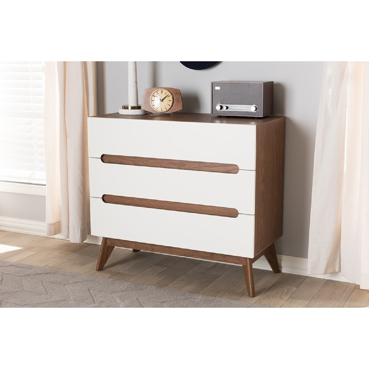 Baxton Studio Calypso Mid-Century Modern White and Walnut Wood 3-Drawer Storage Chest