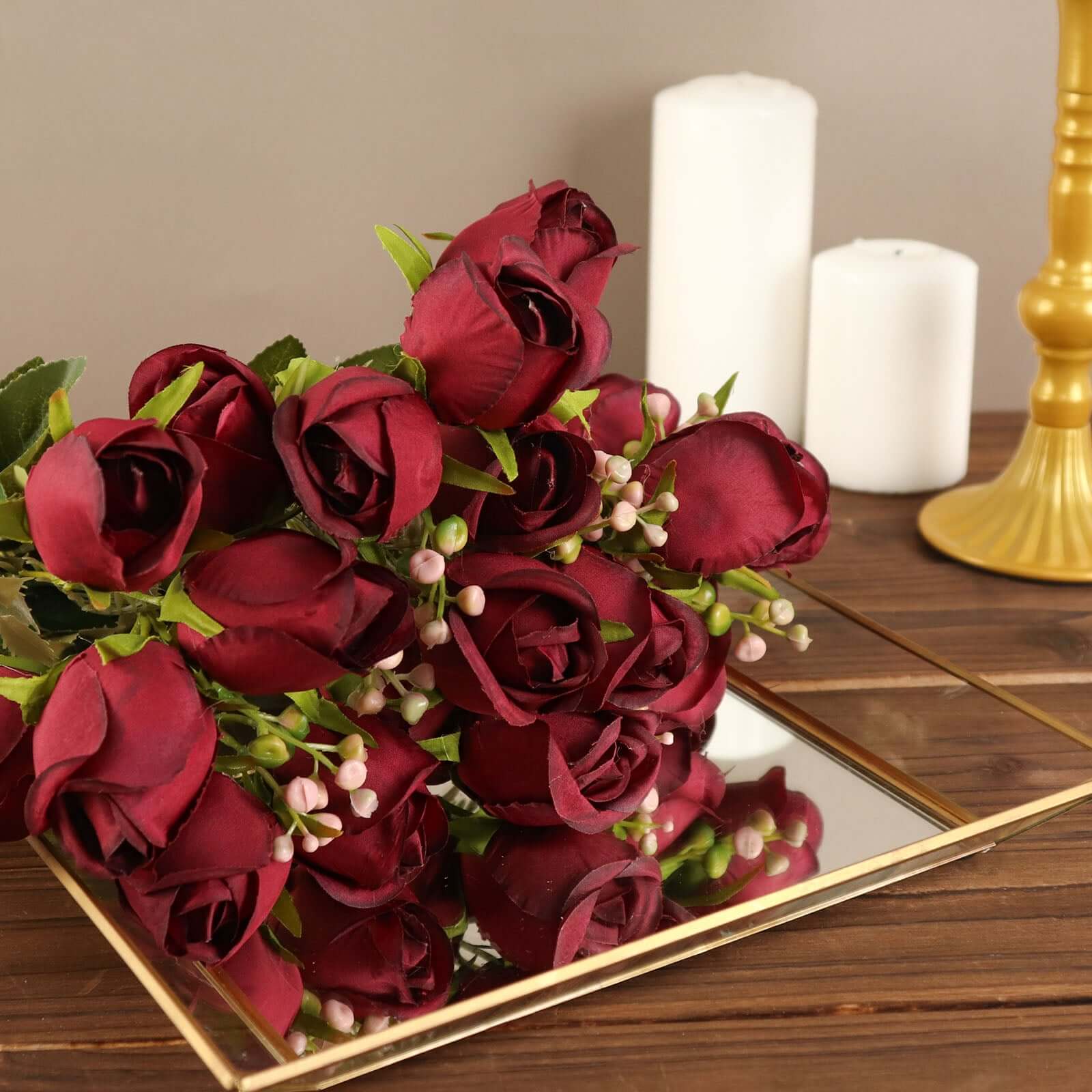 3 Pack Burgundy Real Touch Artificial Rose Bud Flower Bridal Bouquets, Silk Floral Bush Arrangements 13