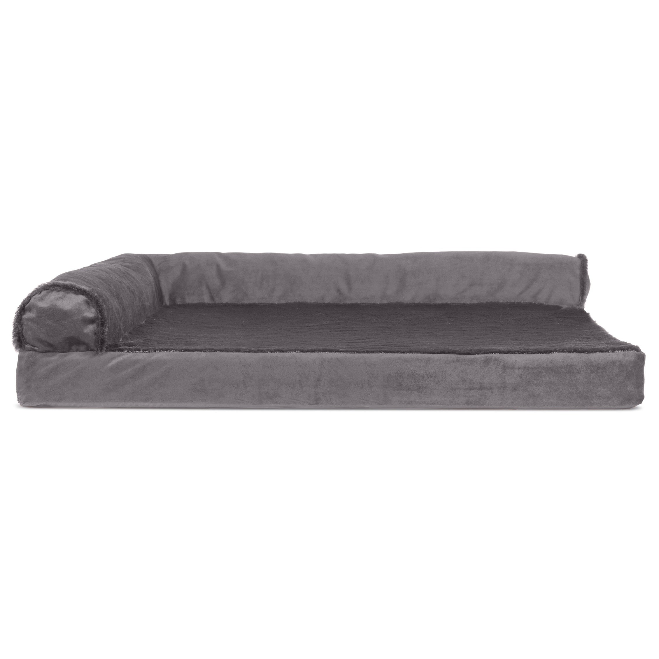 FurHaven Pet Products | Deluxe Orthopedic Plush and Velvet L-Shaped Chaise Couch Pet Bed for Dogs and Cats， Platinum Gray， Large