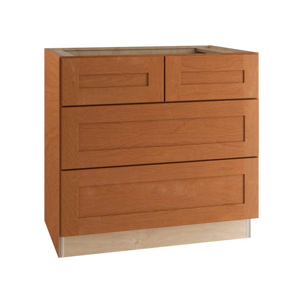 Home Decorators Collection Hargrove Assembled 36x34.5x24 in. Plywood Shaker 3 Drawer Base Kitchen Cabinet Soft Close Drawers in Stained Cinnamon BD36-HCN