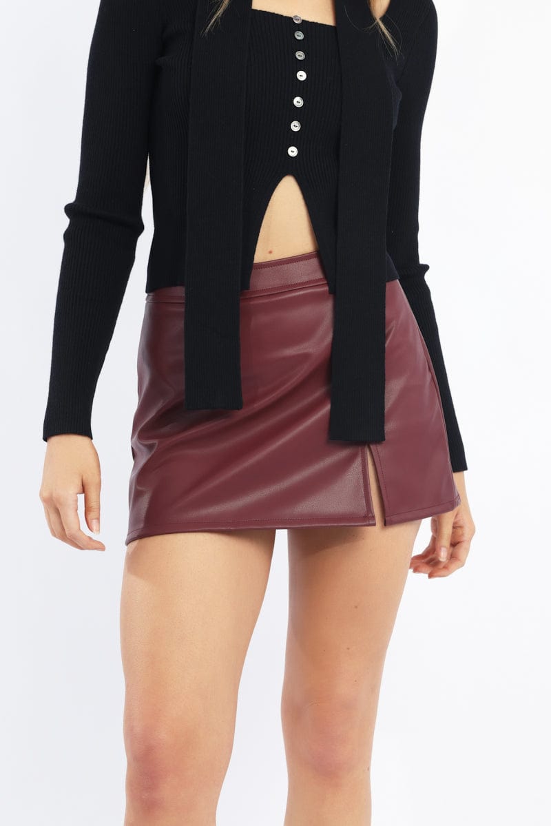 Red PU Skort Skirt Mid Rise Mini Slight Stretch