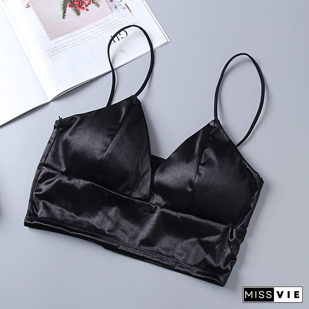 Sexy Satin Crop Tops Women Wireless Bralette Crochet Top Female Spaghetti Strap T-Shirt Cropped With Chest Padded Camisole