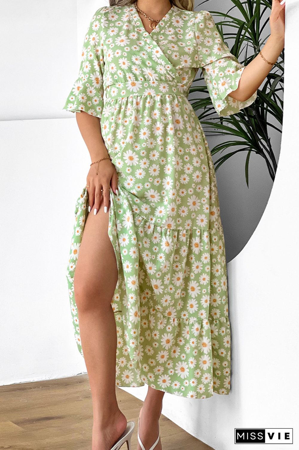 Paisley Floral Print Flare Sleeves Maxi Dress Wholesale