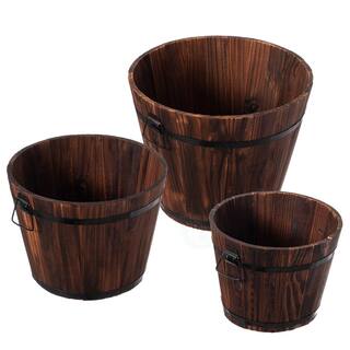 Gardenised Rustic Wooden Whiskey Barrel Planter with Durable Medal Handles and Drainage Hole - Set of 3 QI003236.3