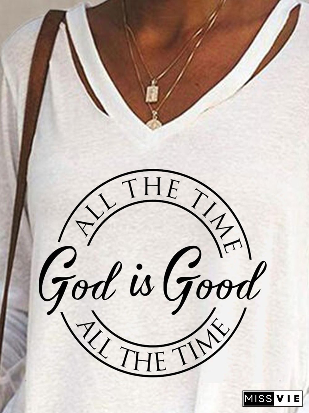 All The Time God Is Good Letters Printed Long Sleeves V Neck Plus Size Casual Tops