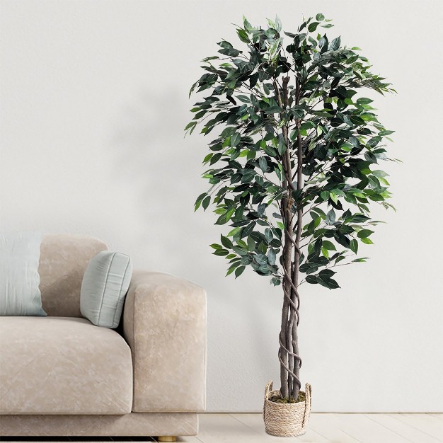 Artificial Ficus Silk Tree In Wicker Basket， Indoor Artificial Plant For Home Decor