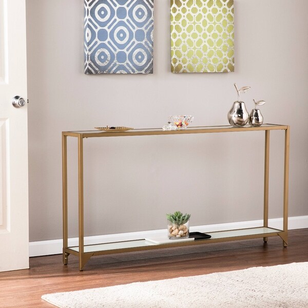 Barley Narrow Metal Console， Gold with White Glass