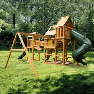 Gorilla Playsets Treasure Trove II Treehouse Wooden Outdoor Playset with 3 Slides Clatter Bridge and Backyard Swing Set Accessories 01-1038-AP