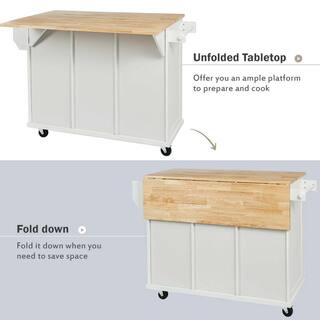 White Wood 53 in. W Kitchen Island Cart with Drop Leaf 2-Storage Cabinets 3-Drawers and Storage Rack LN0207MI-CART-1